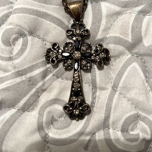 Lia Sophia - antique gold cross & chain w black & clear crystals- New Price $17!
